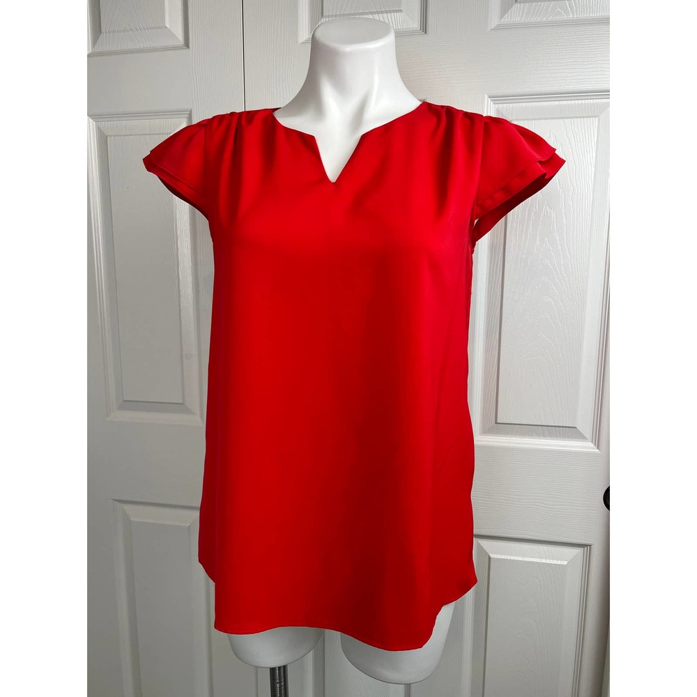 Women's Red Tank Top Sleeve Less Ruffle Split Neck Size S